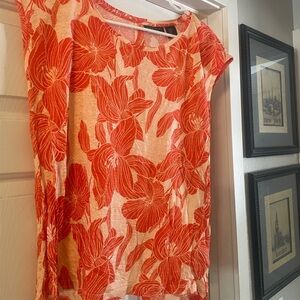 Tahari orange Floral Short Sleeve Top 100% linen